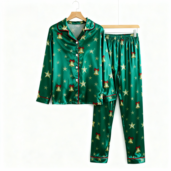 Mirla | Semesterpar Knapp-Ned Grön Siden Jul Pyjamas-Set-Eva Jonsson