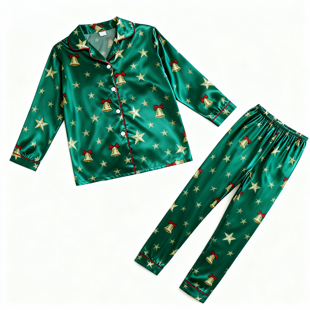 Mirla | Semesterpar Knapp-Ned Grön Siden Jul Pyjamas-Set-Eva Jonsson