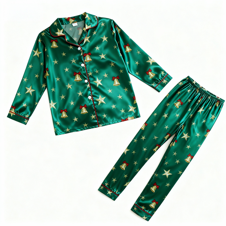 Mirla | Semesterpar Knapp-Ned Grön Siden Jul Pyjamas-Set-Eva Jonsson