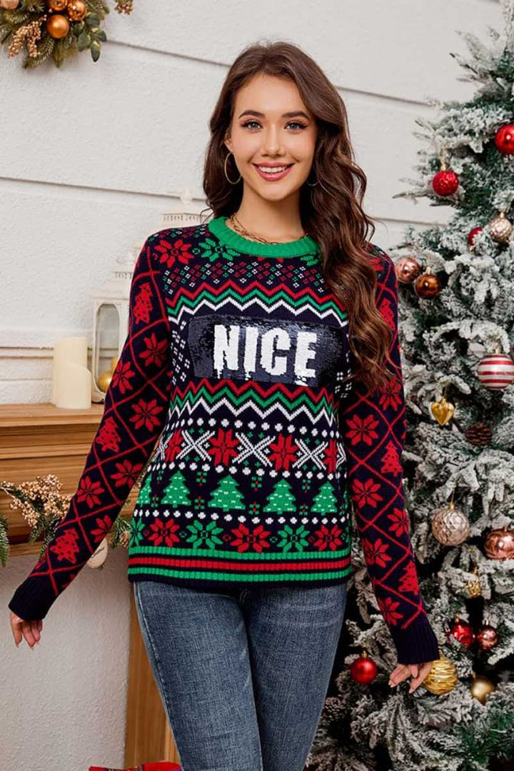 Mirla | Sequin Embroidered Christmas Jacquard Knitted Sweater-Eva Jonsson