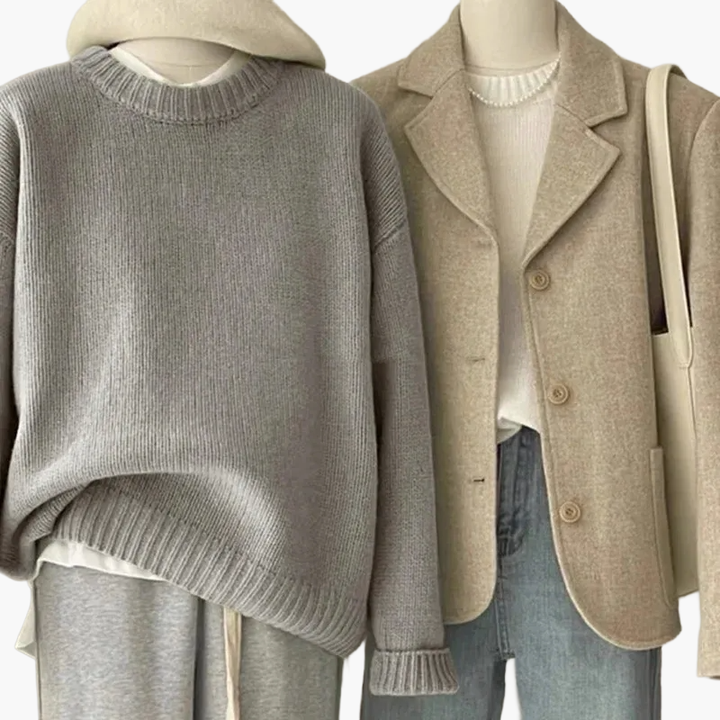 Mirla | Set Avslappnad Retro Japansk Stil - Stickad Tröja och Blazer för Vardag och Fritid-Eva Jonsson