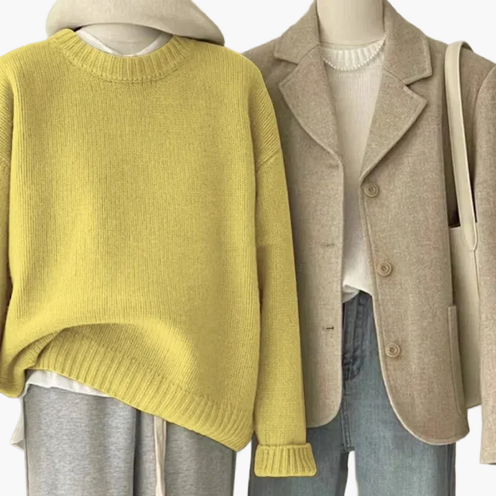 Mirla | Set Avslappnad Retro Japansk Stil - Stickad Tröja och Blazer för Vardag och Fritid-Eva Jonsson