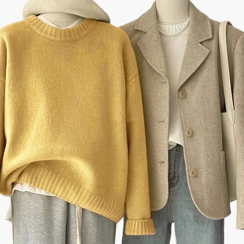 Mirla | Set Avslappnad Retro Japansk Stil - Stickad Tröja och Blazer för Vardag och Fritid-Eva Jonsson