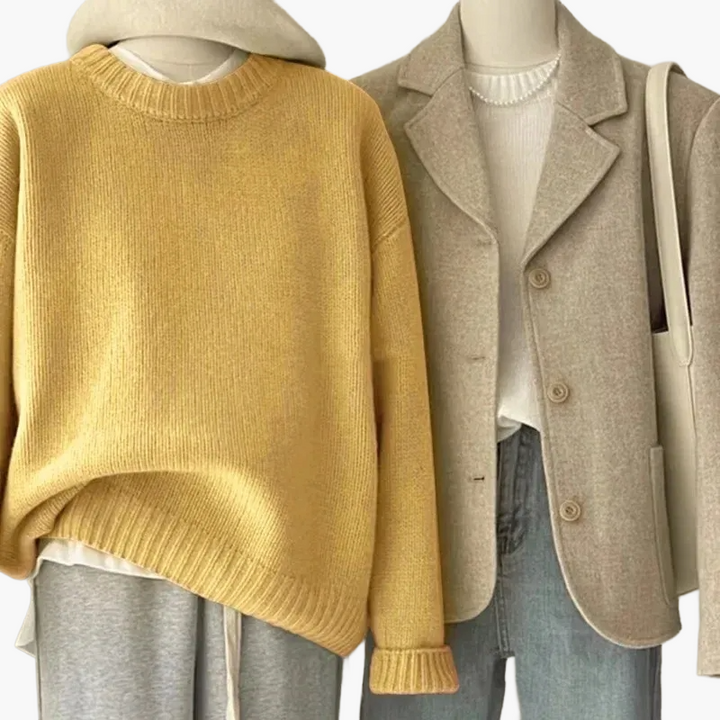 Mirla | Set Avslappnad Retro Japansk Stil - Stickad Tröja och Blazer för Vardag och Fritid-Eva Jonsson