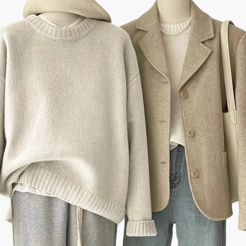 Mirla | Set Avslappnad Retro Japansk Stil - Stickad Tröja och Blazer för Vardag och Fritid-Eva Jonsson