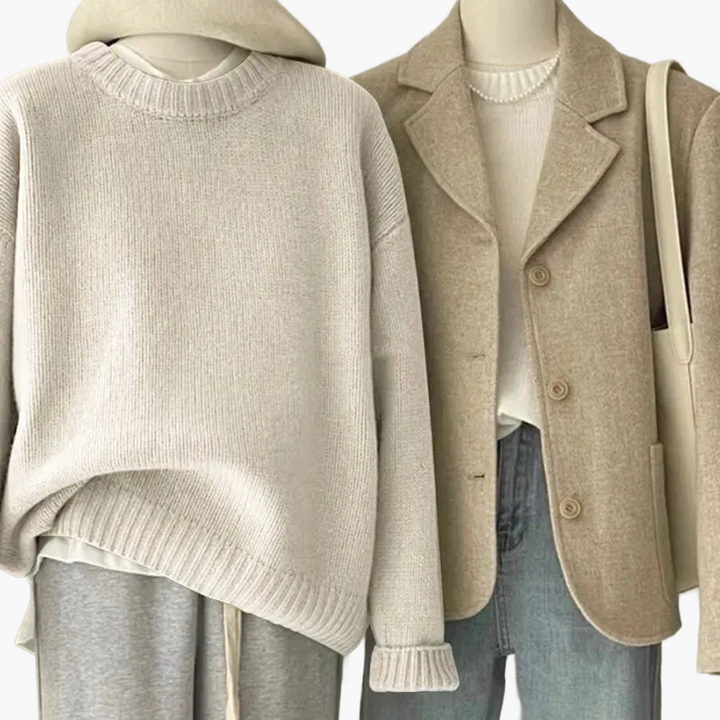 Mirla | Set Avslappnad Retro Japansk Stil - Stickad Tröja och Blazer för Vardag och Fritid-Eva Jonsson