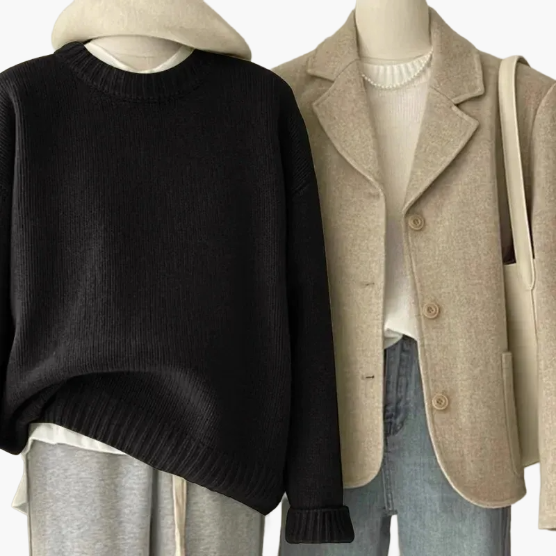 Mirla | Set Avslappnad Retro Japansk Stil - Stickad Tröja och Blazer för Vardag och Fritid-Eva Jonsson