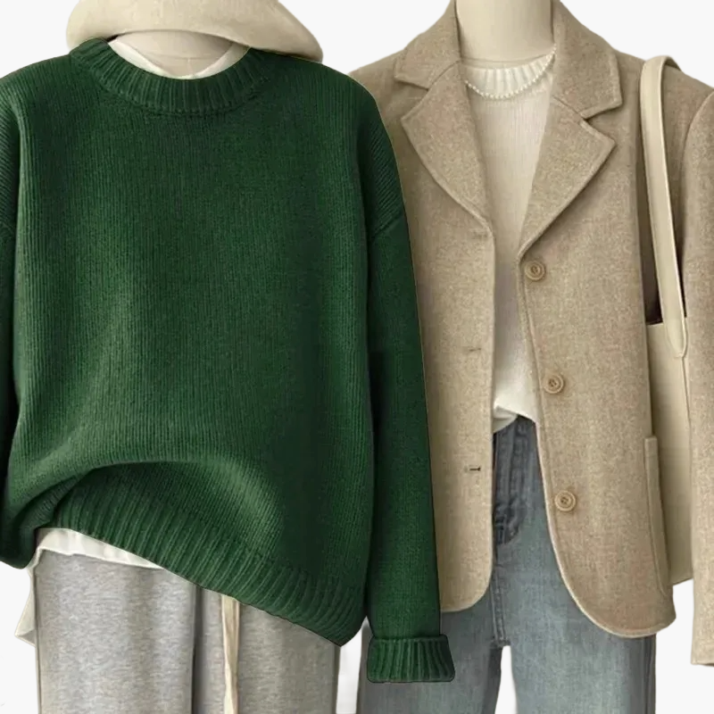 Mirla | Set Avslappnad Retro Japansk Stil - Stickad Tröja och Blazer för Vardag och Fritid-Eva Jonsson