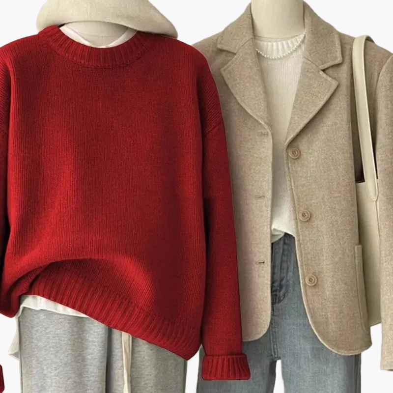 Mirla | Set Avslappnad Retro Japansk Stil - Stickad Tröja och Blazer för Vardag och Fritid-Eva Jonsson