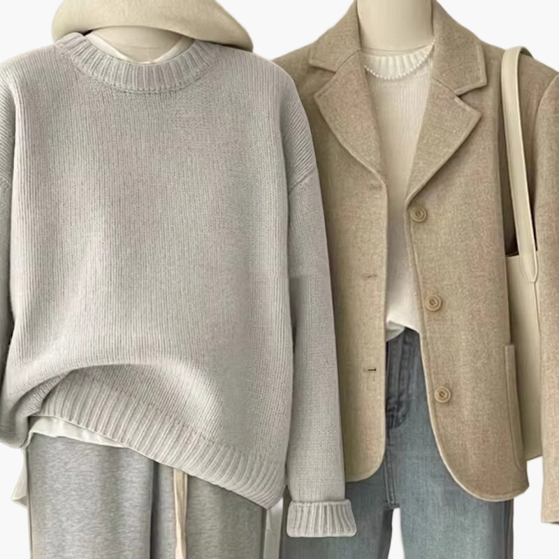 Mirla | Set Avslappnad Retro Japansk Stil - Stickad Tröja och Blazer för Vardag och Fritid-Eva Jonsson