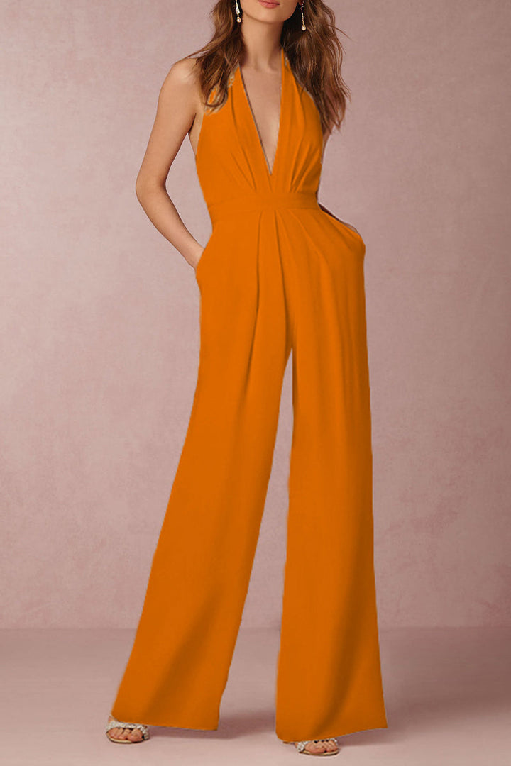 Mirla | Sexy Elegant Enfärgad Rygglös Fållad V-Urtal Regular Overall - 12 Färger-Eva Jonsson
