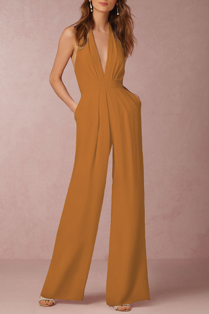 Mirla | Sexy Elegant Enfärgad Rygglös Fållad V-Urtal Regular Overall - 12 Färger-Eva Jonsson