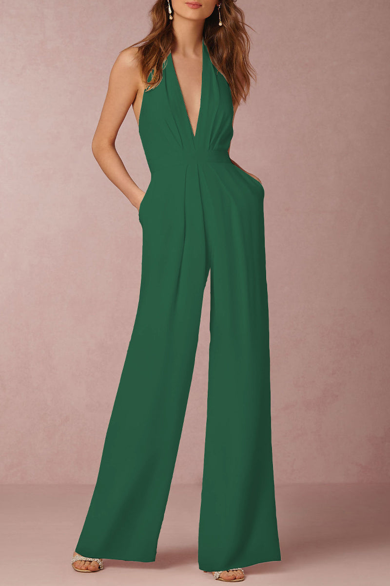 Mirla | Sexy Elegant Enfärgad Rygglös Fållad V-Urtal Regular Overall - 12 Färger-Eva Jonsson
