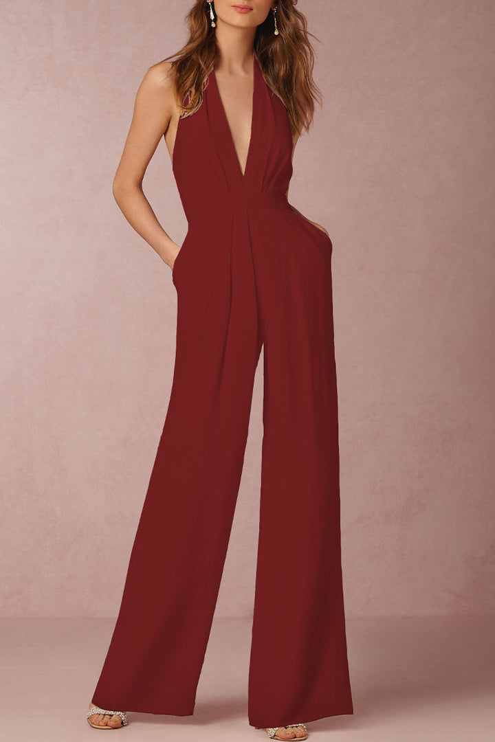 Mirla | Sexy Elegant Enfärgad Rygglös Fållad V-Urtal Regular Overall - 12 Färger-Eva Jonsson