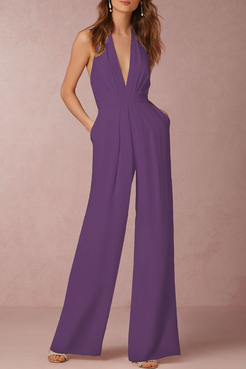 Mirla | Sexy Elegant Enfärgad Rygglös Fållad V-Urtal Regular Overall - 12 Färger-Eva Jonsson