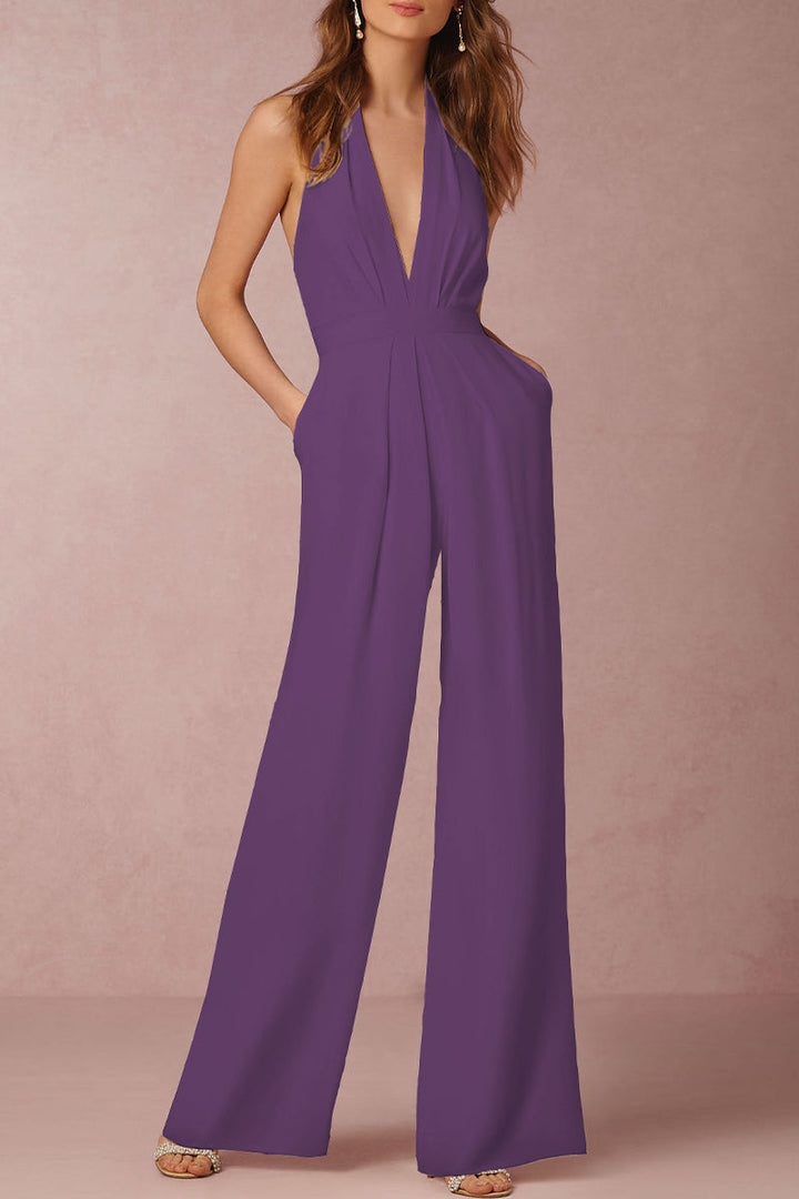 Mirla | Sexy Elegant Enfärgad Rygglös Fållad V-Urtal Regular Overall - 12 Färger-Eva Jonsson