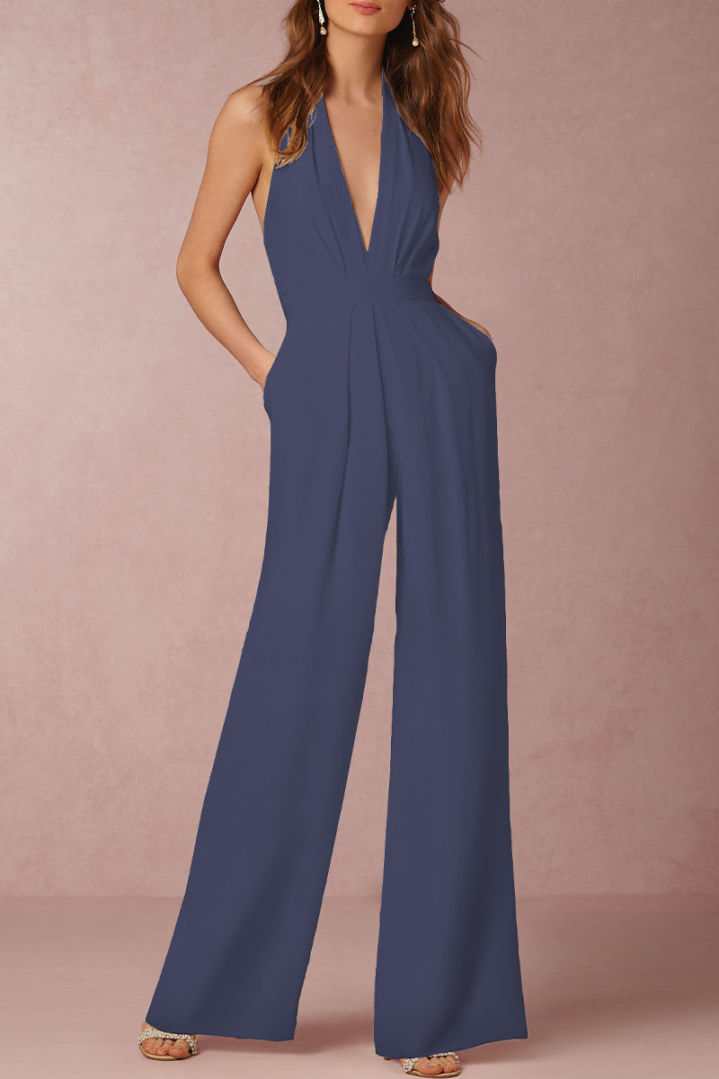 Mirla | Sexy Elegant Enfärgad Rygglös Fållad V-Urtal Regular Overall - 12 Färger-Eva Jonsson