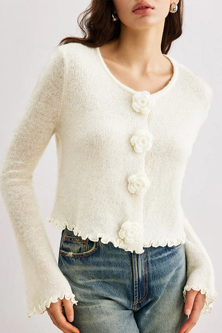 Mirla | Smal, Blommig Stickad Cardigan med Volanger-Eva Jonsson