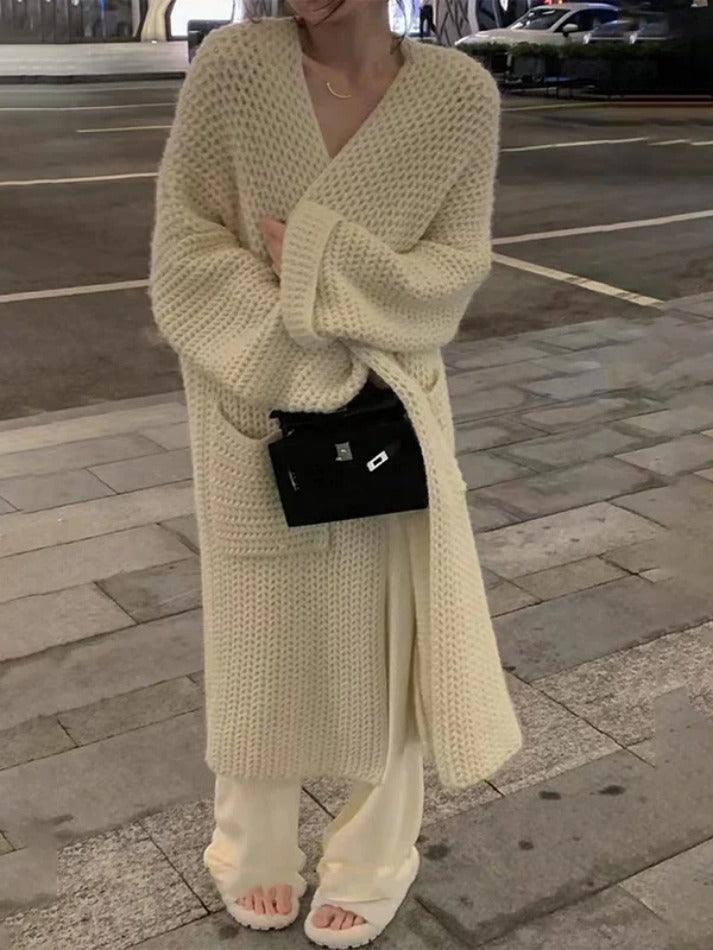 Mirla | Solid Baggy Stickad Lång Kofta-Eva Jonsson