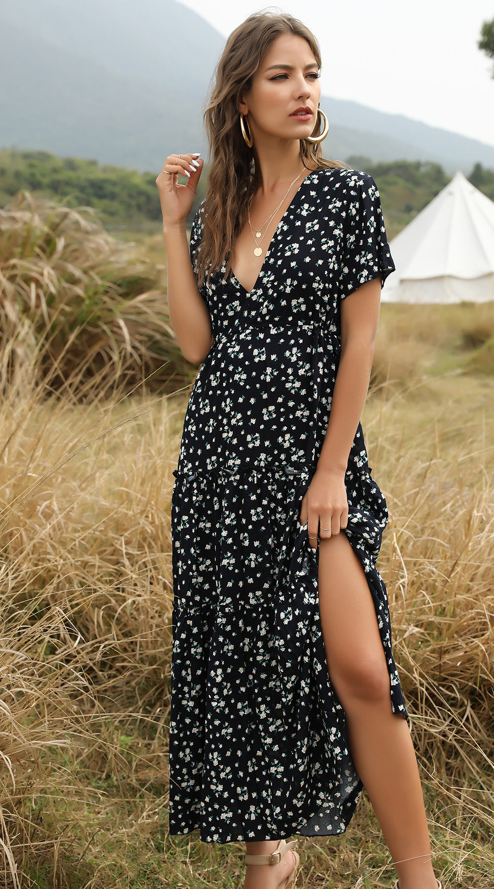 Mirla | Sommar Blommönster Volang Boho Maxi Klänning-Eva Jonsson
