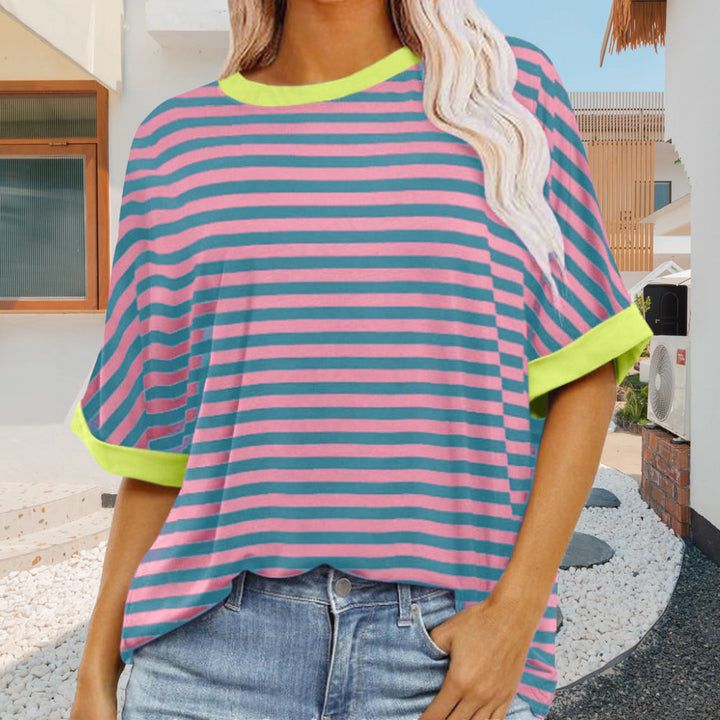 Mirla | Sommar Dam Ny Enkel Randig Rundhals Trendiga Korta Ärmar-Eva Jonsson