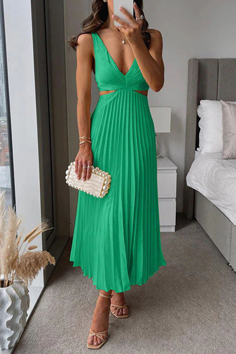 Mirla | Sommar Social Fläckar Plisserad Cutout Midja Lätt Midi - 6 Färger-Eva Jonsson