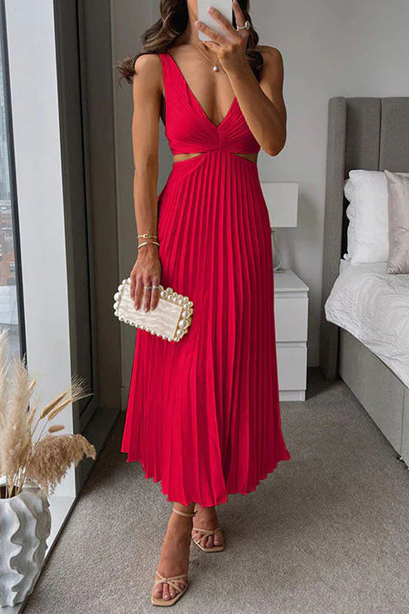 Mirla | Sommar Social Fläckar Plisserad Cutout Midja Lätt Midi - 6 Färger-Eva Jonsson