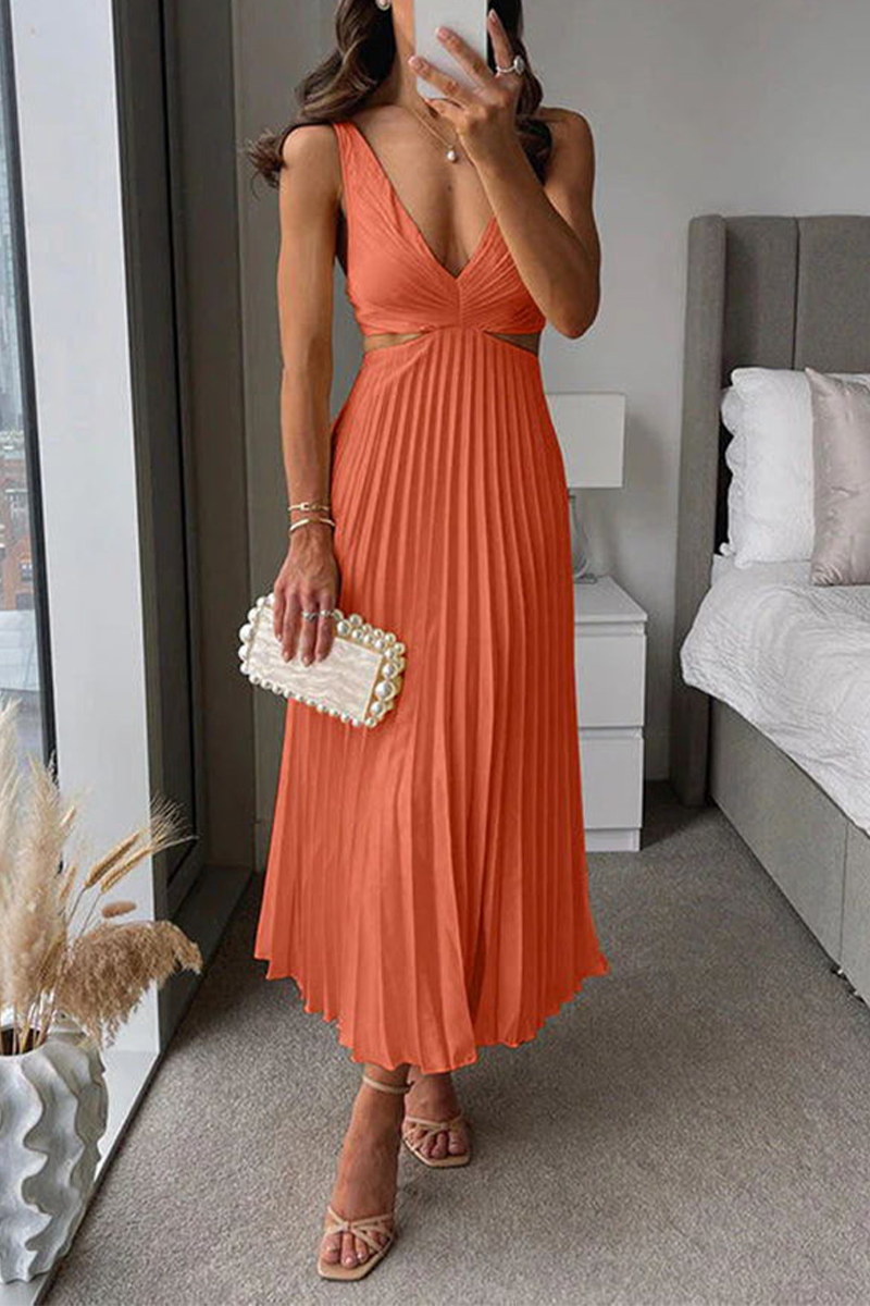 Mirla | Sommar Social Fläckar Plisserad Cutout Midja Lätt Midi - 6 Färger-Eva Jonsson