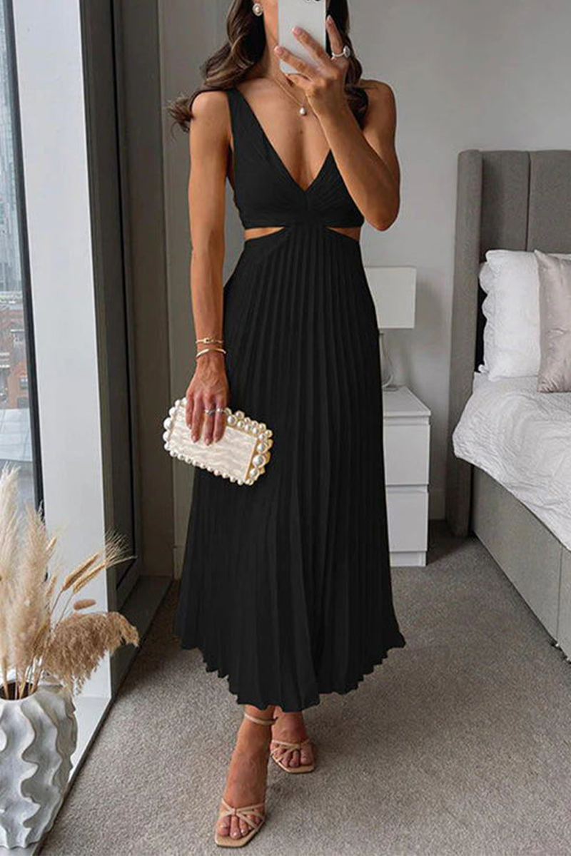 Mirla | Sommar Social Fläckar Plisserad Cutout Midja Lätt Midi - 6 Färger-Eva Jonsson