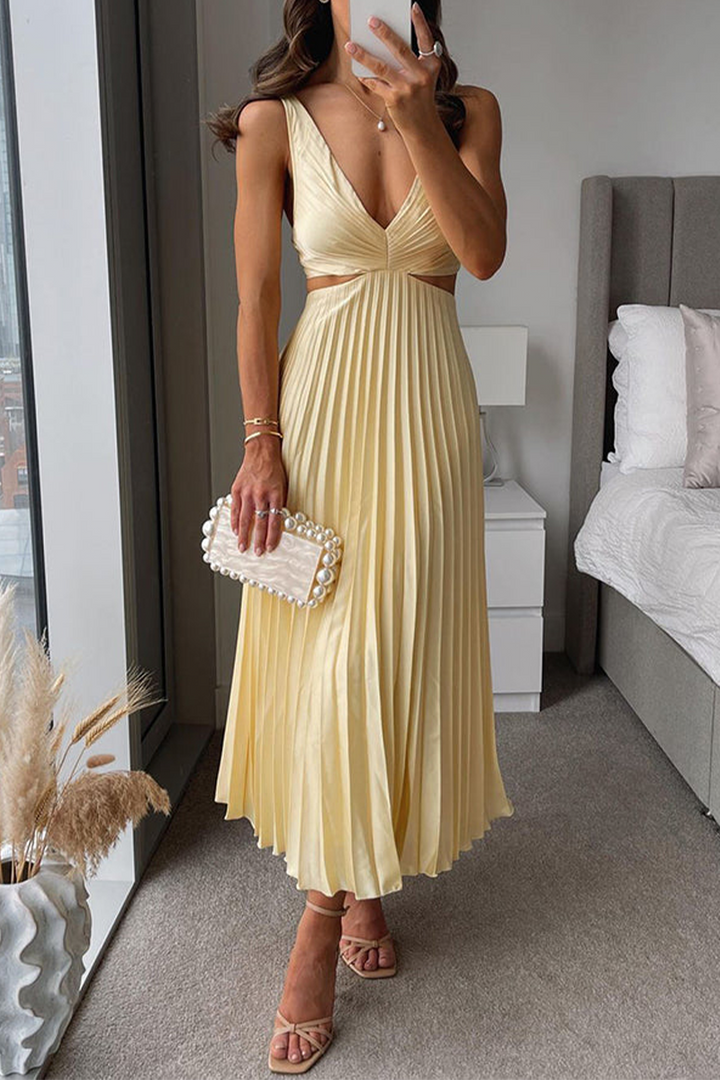 Mirla | Sommar Social Fläckar Plisserad Cutout Midja Lätt Midi - 6 Färger-Eva Jonsson