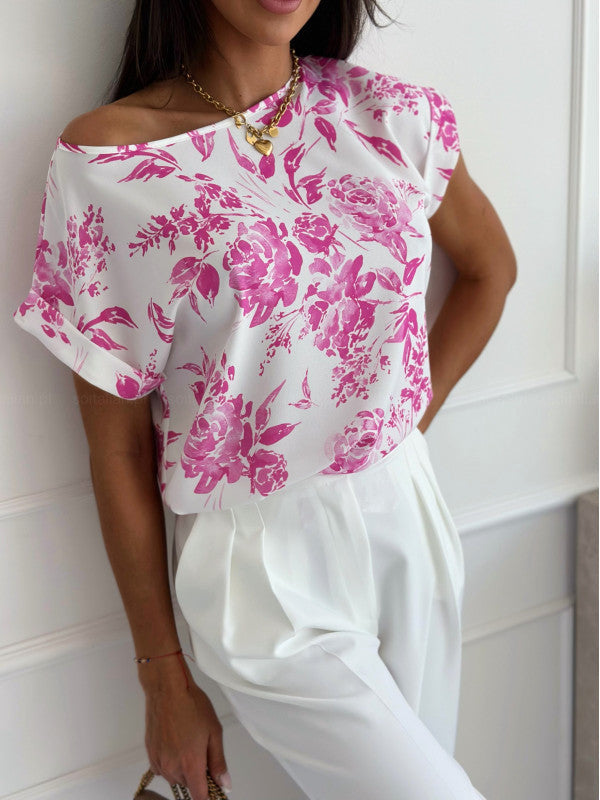 Mirla | Sommartryckt Rundhalslös T-shirt-Eva Jonsson