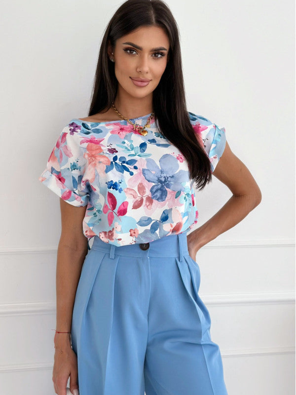 Mirla | Sommartryckt Rundhalslös T-shirt-Eva Jonsson