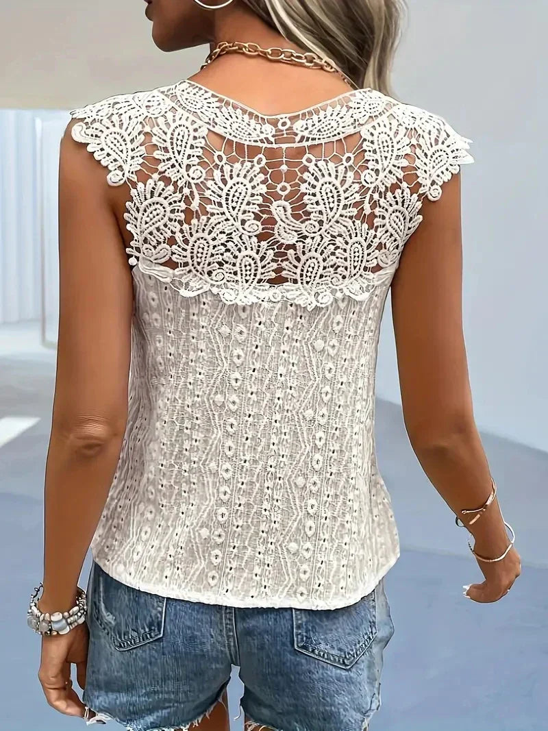 Mirla | Spets T-shirt Vintage Elegant Ärmlös V-ringning Damer Sommar T-shirt-Eva Jonsson