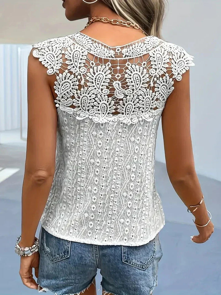 Mirla | Spets T-shirt Vintage Elegant Ärmlös V-ringning Damer Sommar T-shirt-Eva Jonsson