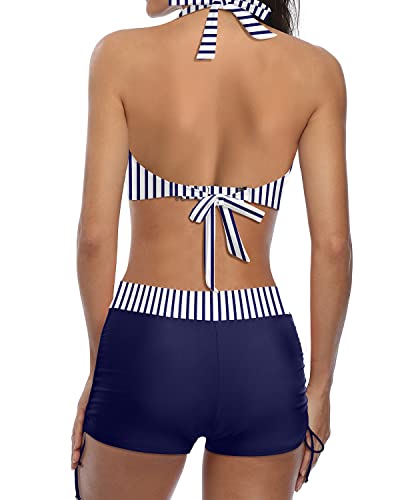 Mirla | Sportig tvådelad baddräkt med push-up bikini och boyshorts blå vit randig-Eva Jonsson