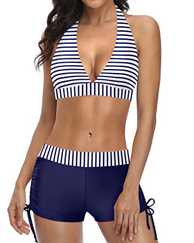 Mirla | Sportig tvådelad baddräkt med push-up bikini och boyshorts blå vit randig-Eva Jonsson
