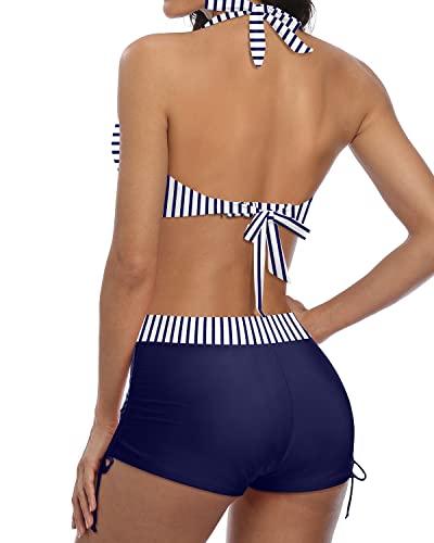 Mirla | Sportig tvådelad baddräkt med push-up bikini och boyshorts blå vit randig-Eva Jonsson
