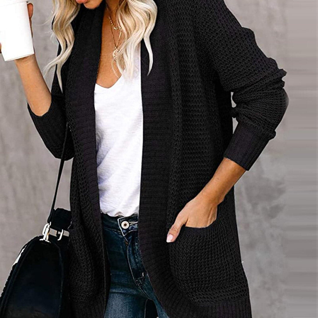 Mirla | Stickad Cardigan Långärmad Lätt Passform Öppen Framsida med Stora Fickor-Eva Jonsson