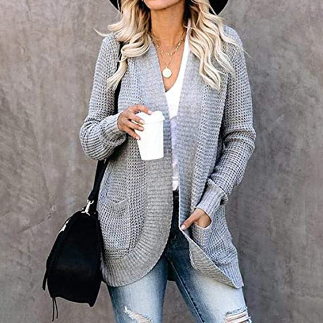 Mirla | Stickad Cardigan Långärmad Lätt Passform Öppen Framsida med Stora Fickor-Eva Jonsson