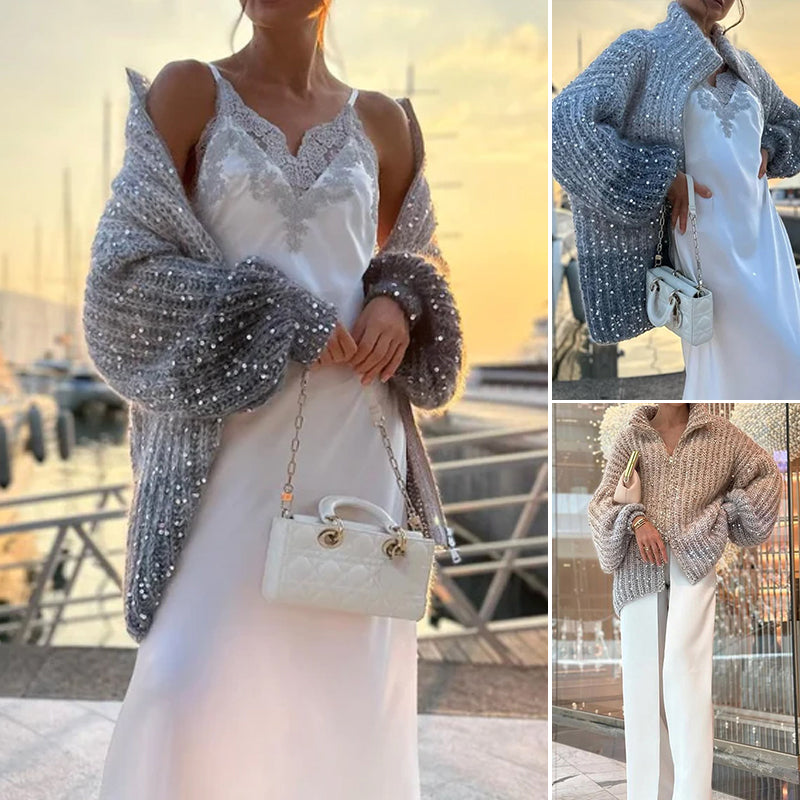Mirla | Stickad Cardigan med Glitterpaljetter-Eva Jonsson