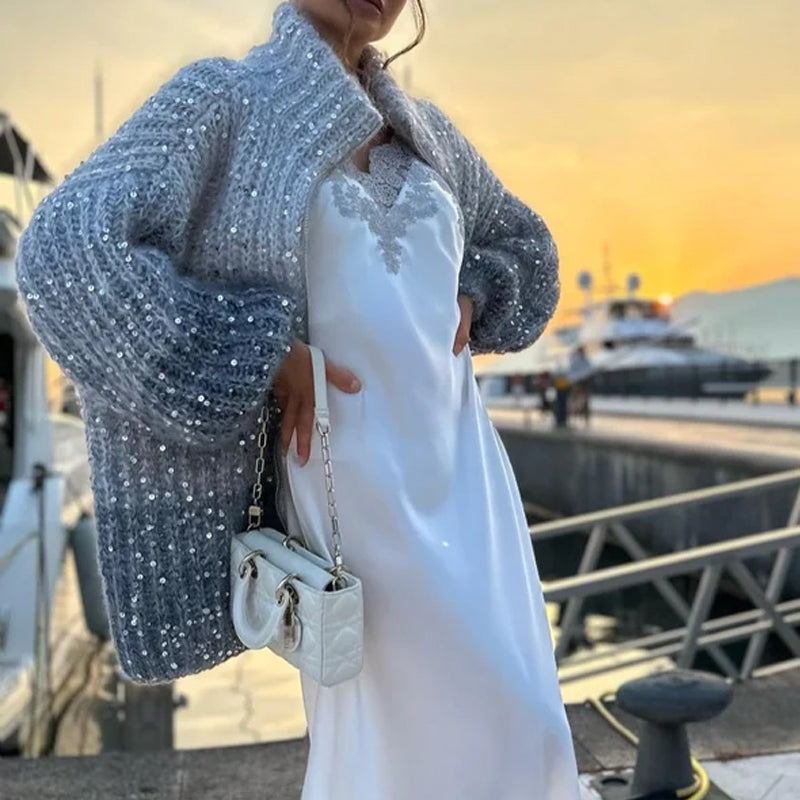Mirla | Stickad Cardigan med Glitterpaljetter-Eva Jonsson