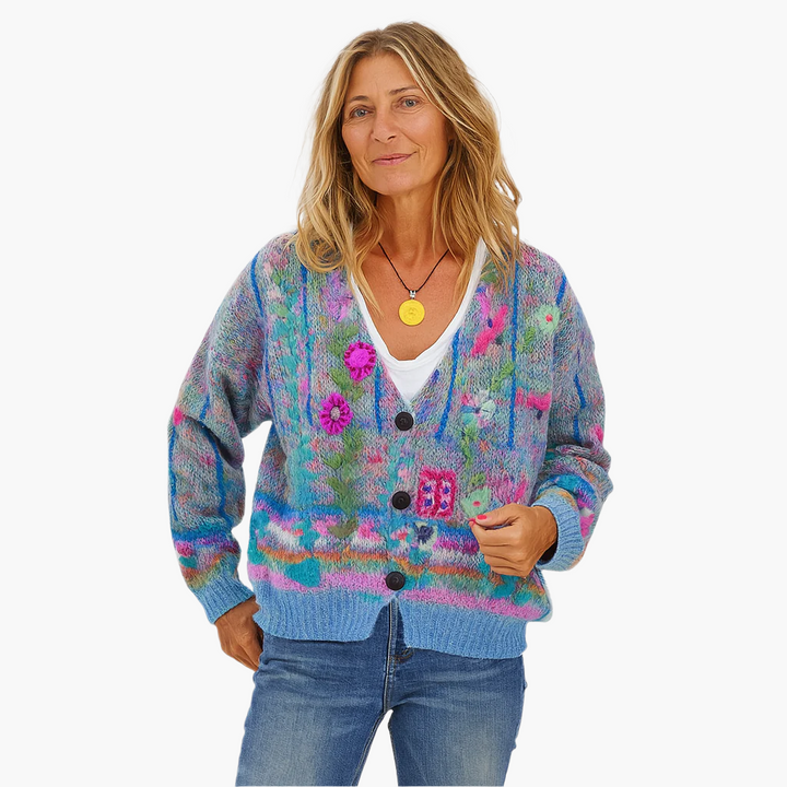 Mirla | Stickad Jacka I Boho-Stil med Blommiga Detaljer - Bekväm, Modemedveten Cardigan för Fritid och Vardag-Eva Jonsson