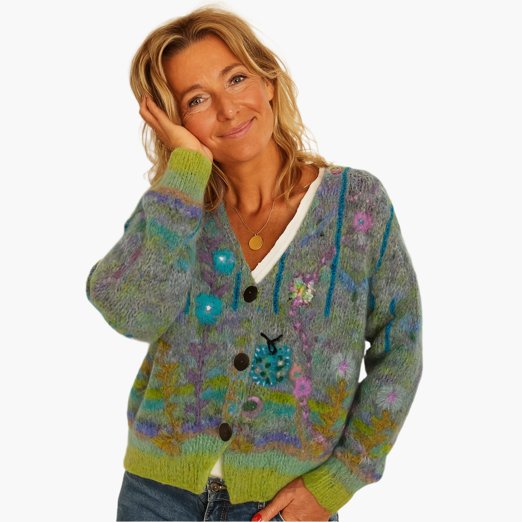 Mirla | Stickad Jacka I Boho-Stil med Blommiga Detaljer - Bekväm, Modemedveten Cardigan för Fritid och Vardag-Eva Jonsson