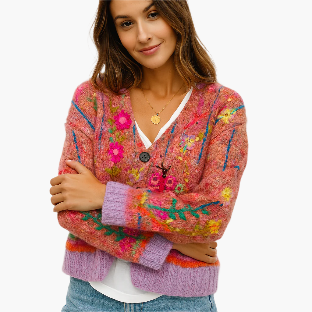 Mirla | Stickad Jacka I Boho-Stil med Blommiga Detaljer - Bekväm, Modemedveten Cardigan för Fritid och Vardag-Eva Jonsson