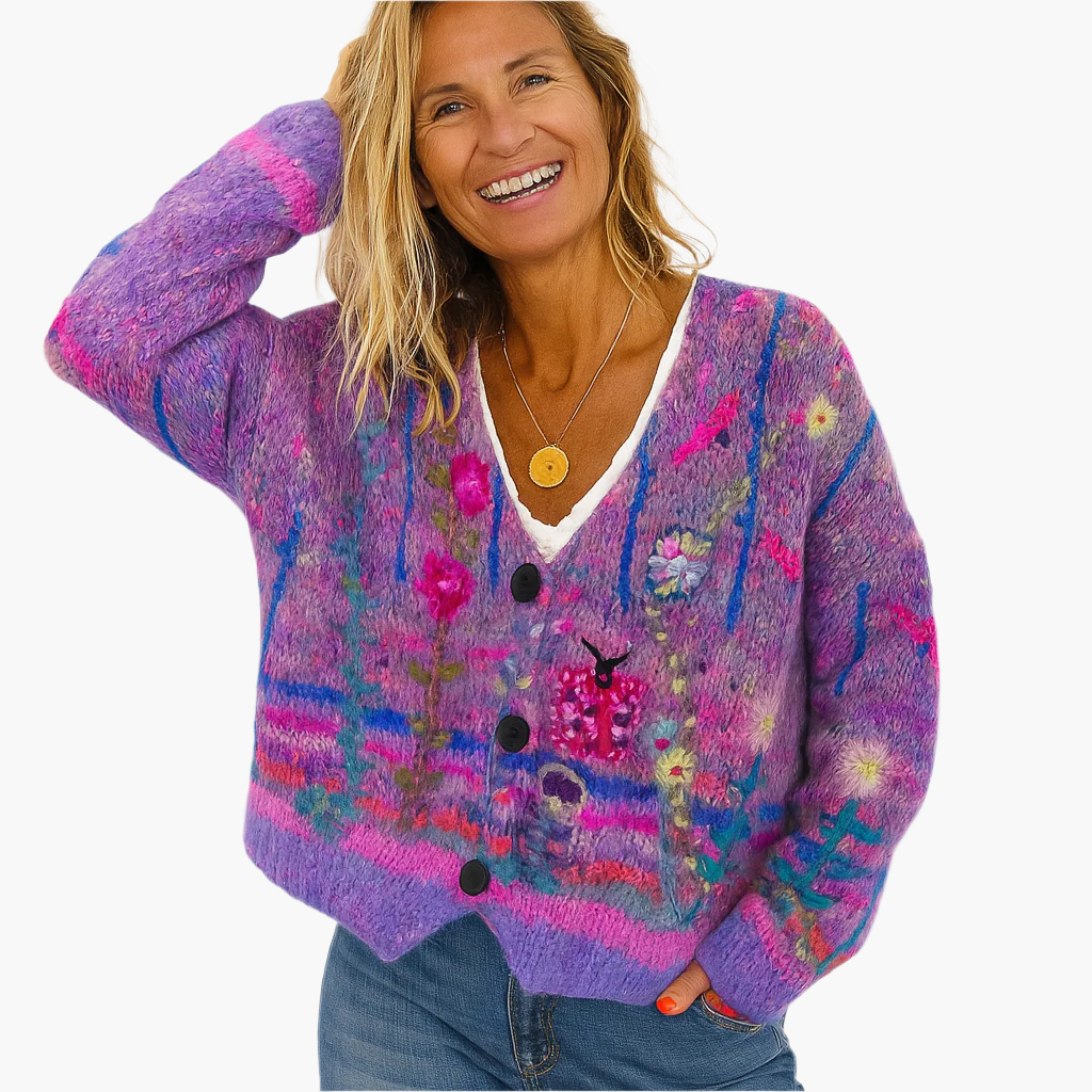 Mirla | Stickad Jacka I Boho-Stil med Blommiga Detaljer - Bekväm, Modemedveten Cardigan för Fritid och Vardag-Eva Jonsson