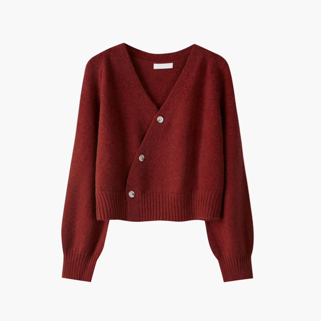 Mirla | Stickad Jacka med V-Hals och Sned Knappslå - Modern Cardigan för Vardag och Kontor-Eva Jonsson