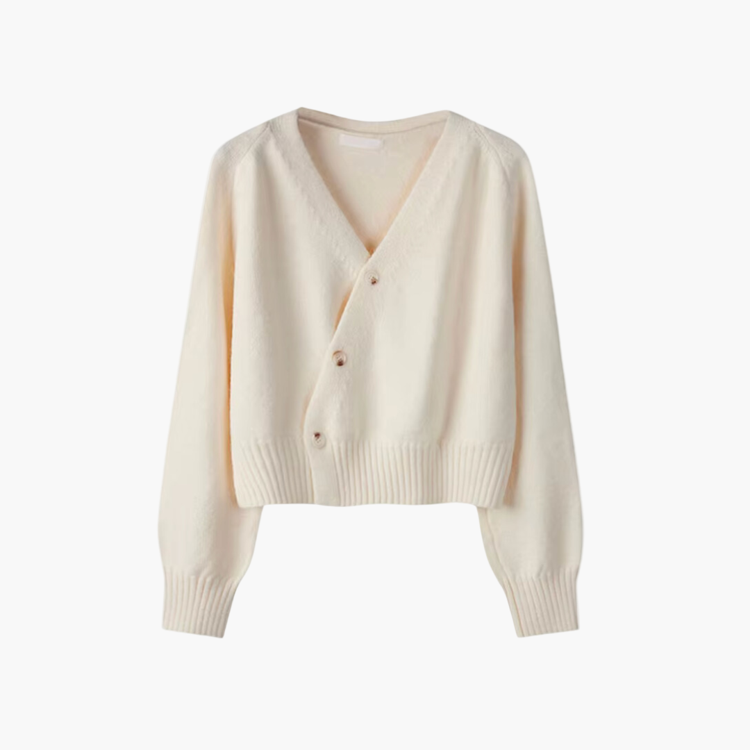 Mirla | Stickad Jacka med V-Hals och Sned Knappslå - Modern Cardigan för Vardag och Kontor-Eva Jonsson