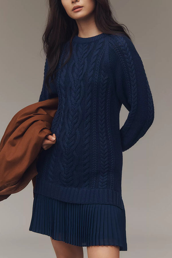 Mirla | Stickad Klänning med Plisserad Chiffon Nederkant-Eva Jonsson