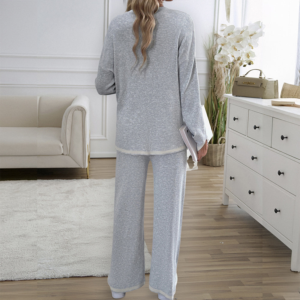 Mirla | Stickad, Lös topp med vid ben, Tvådelad, Avslappnad rundhalsdräkt-Eva Jonsson