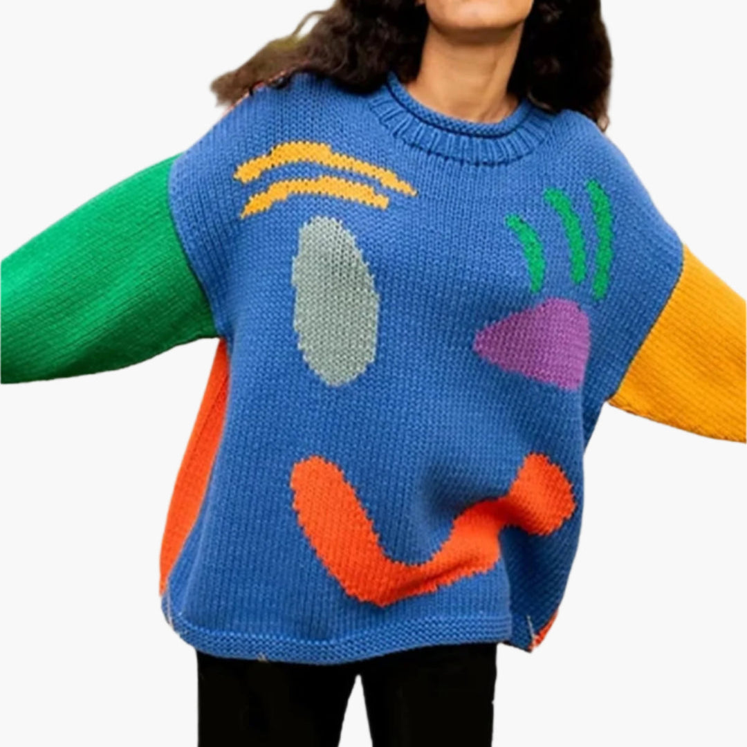Mirla | Stickad Tröja I Konstnärsstil - Mysig Fritidströja med Abstrakt Ansiktsmönster-Eva Jonsson